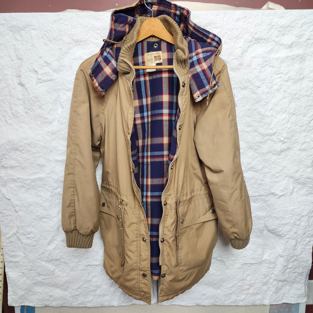 Vintage 70s 80s Tan Mountain Parka Hooded Jacket Plaid Lined Sears Utility 14 L - Picture 14 of 14